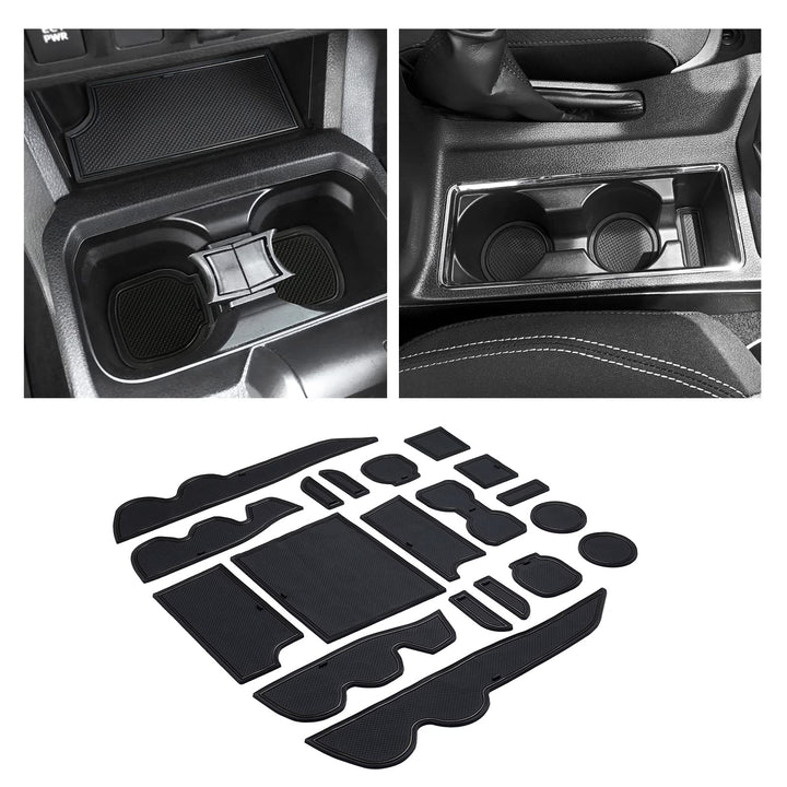 JKCOVER front packaging and full 19-piece kit protecting Tacoma interior