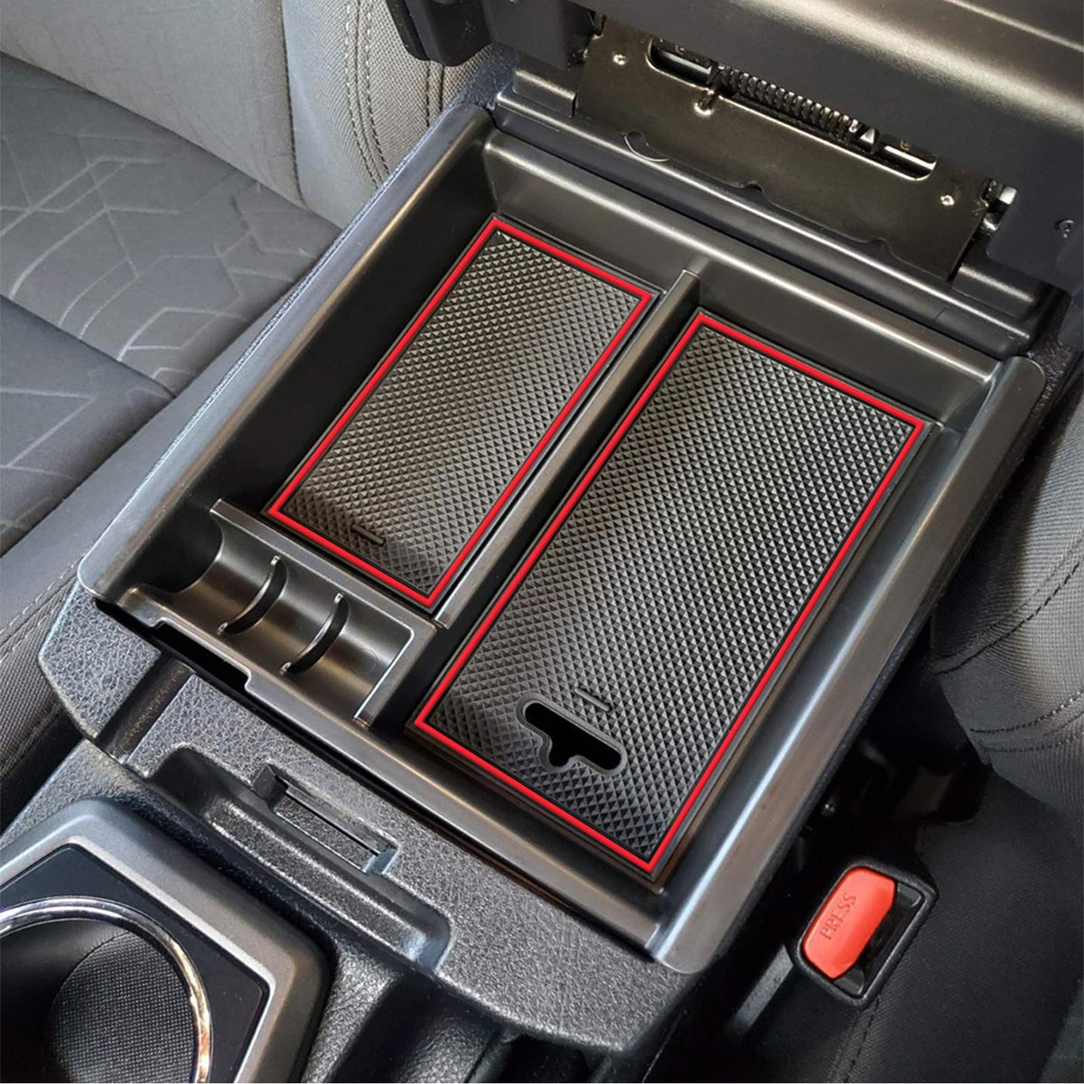 JKCOVER front view of red-trim armrest organizer showing fit and finish and cleaner console