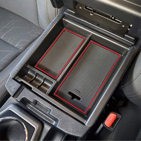 JKCOVER front view of red-trim armrest organizer showing fit and finish and cleaner console
