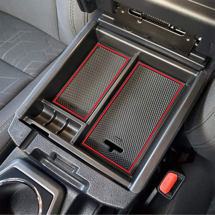 JKCOVER front view of red-trim armrest organizer showing fit and finish and cleaner console