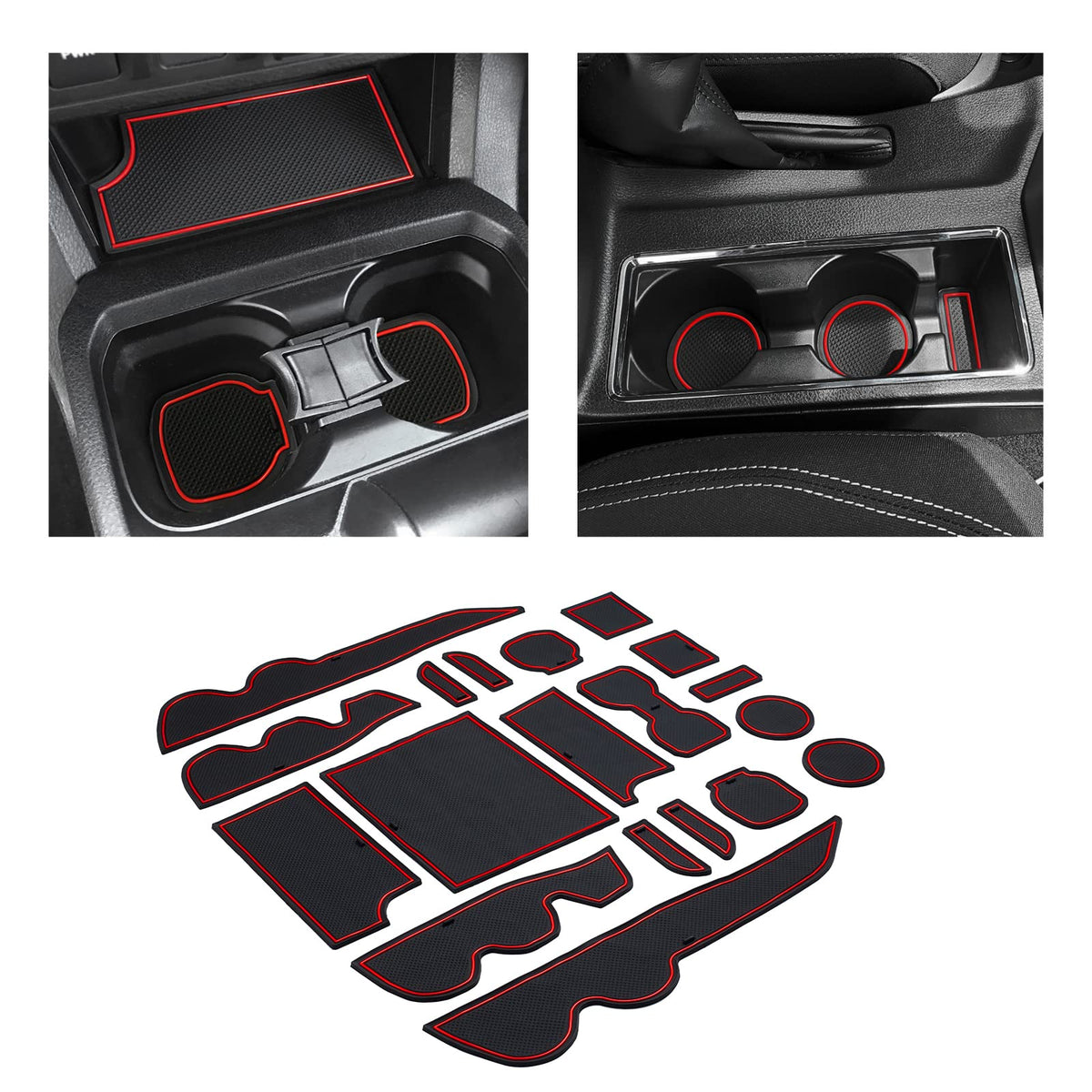 JKCOVER front view of 19-piece Tacoma liner set showing red trim and layout for protection