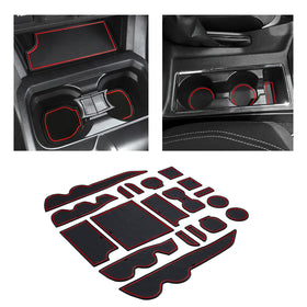 JKCOVER front view of 19-piece Tacoma liner set showing red trim and layout for protection