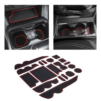 JKCOVER front view of 19-piece Tacoma liner set showing red trim and layout for protection