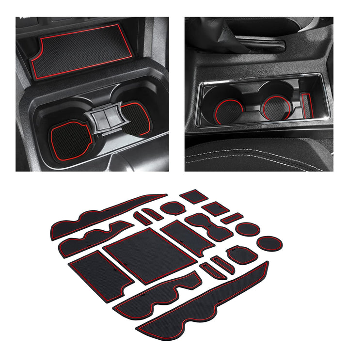 JKCOVER front view of 19-piece Tacoma liner set showing red trim and layout for protection