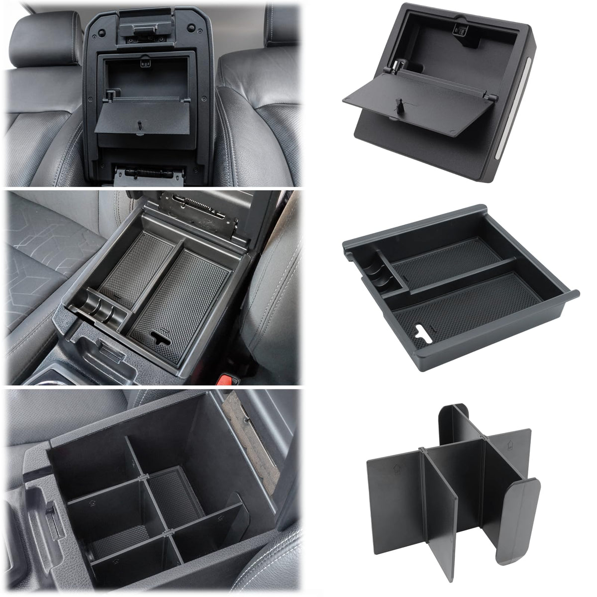 JKCOVER front view installed in Tacoma center console shows tidy organized storage