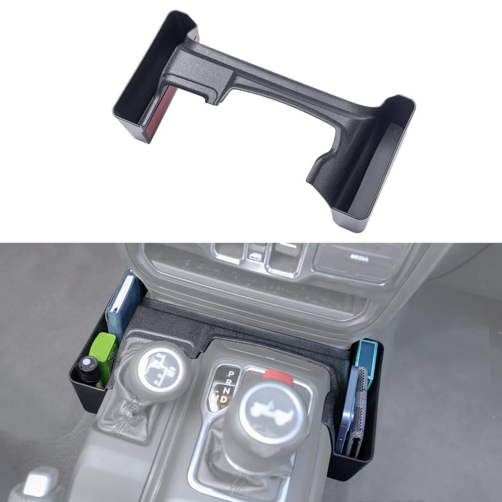 JKCOVER front view installed beside gear shifter showing added storage benefit