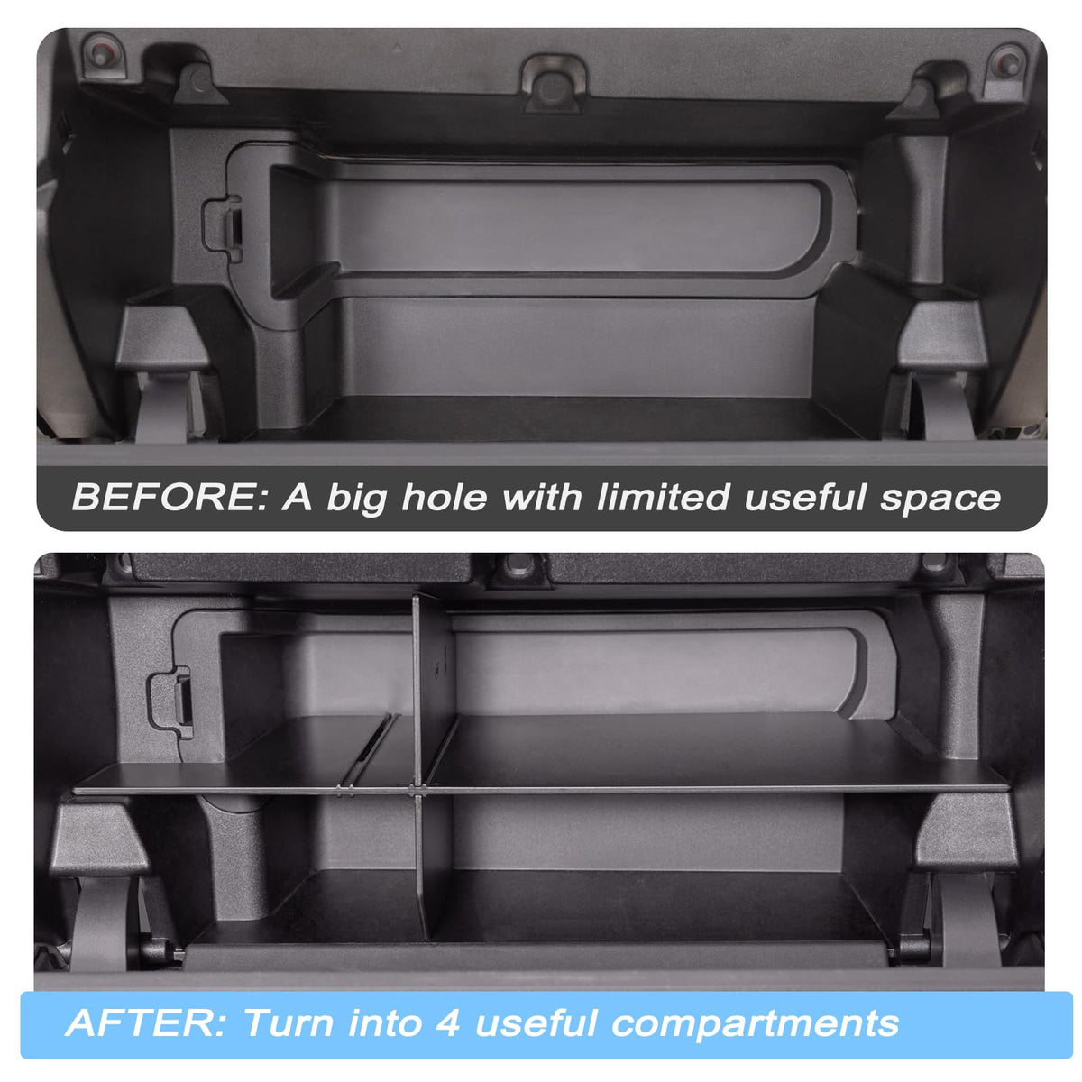 JKCOVER installed divider in open Tacoma glove box keeping items secure