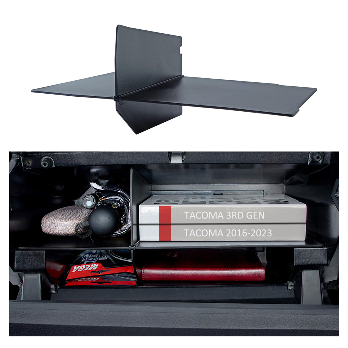 JKCOVER installed front view in Tacoma glove box showing tidy organization and easy access