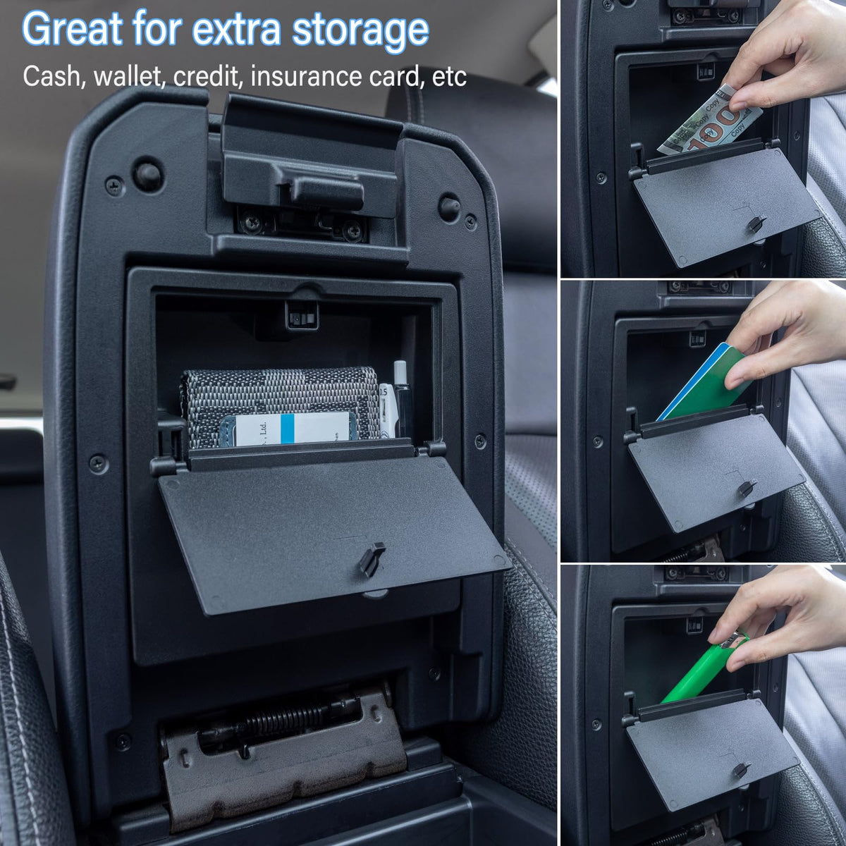 JKCOVER installed in Tacoma armrest demonstrating discreet, hidden storage