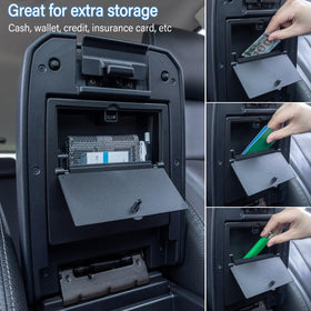 JKCOVER installed in Tacoma armrest demonstrating discreet, hidden storage