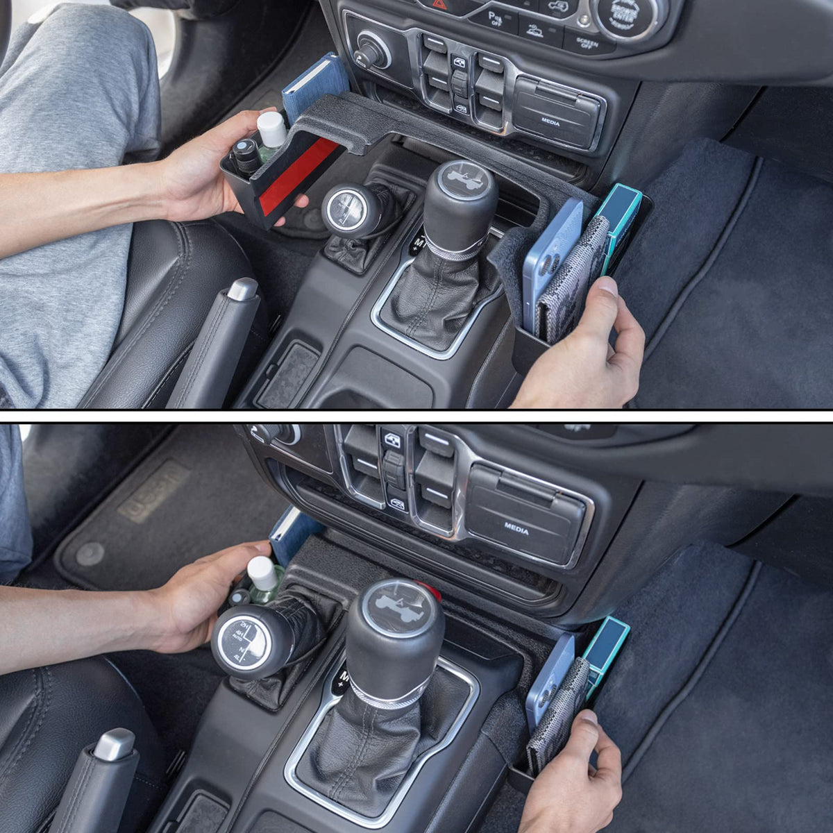JKCOVER lifestyle shot in Jeep interior showing clutter-free cabin benefit