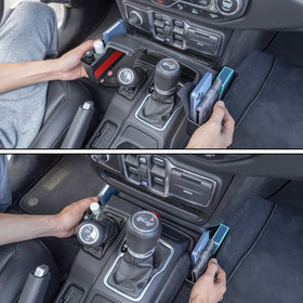 JKCOVER lifestyle shot in Jeep interior showing clutter-free cabin benefit
