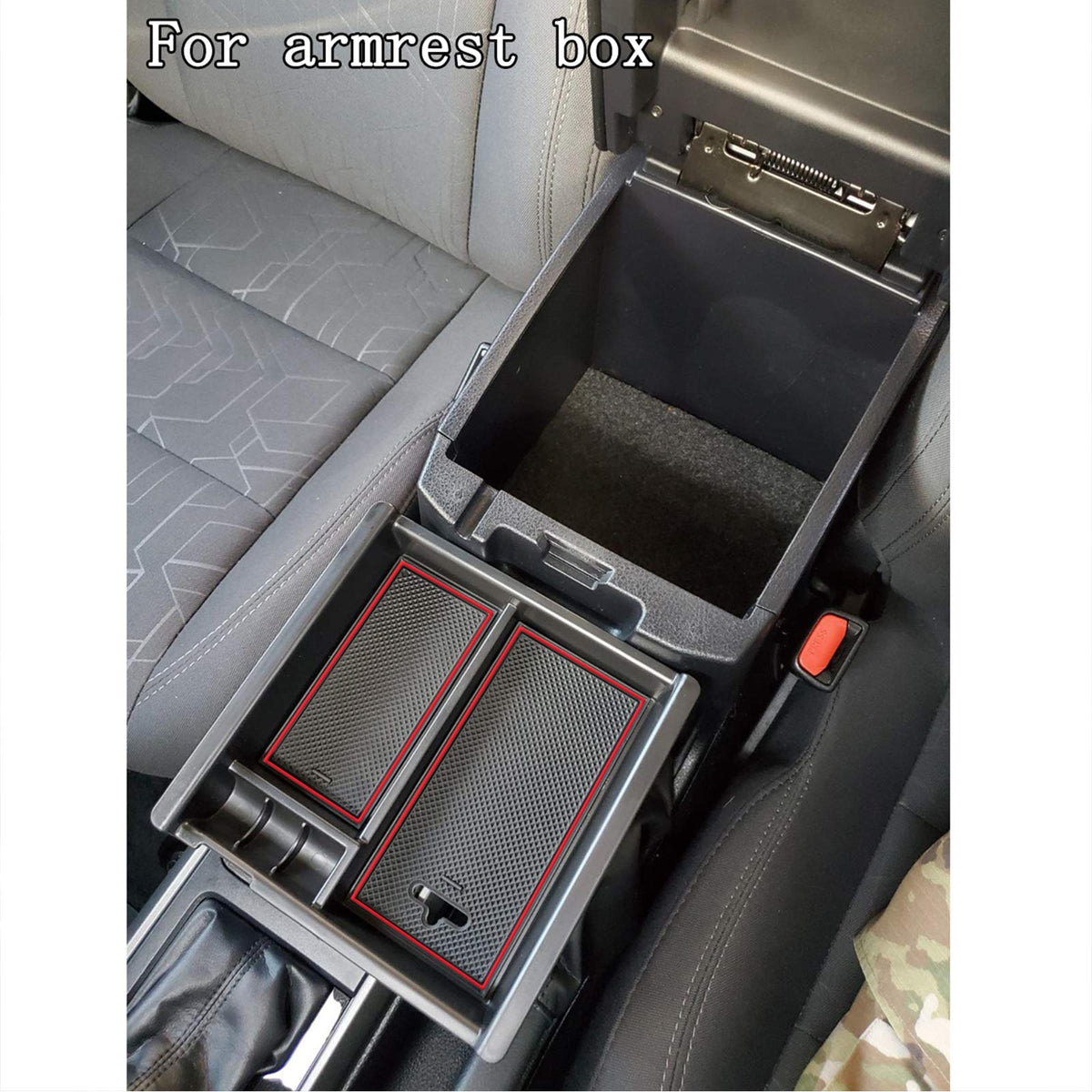 JKCOVER top view of the tray installed in Tacoma armrest for quick-access organization