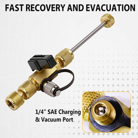 JKLESA tool being used on an AC service port to speed core removal and minimize refrigerant loss