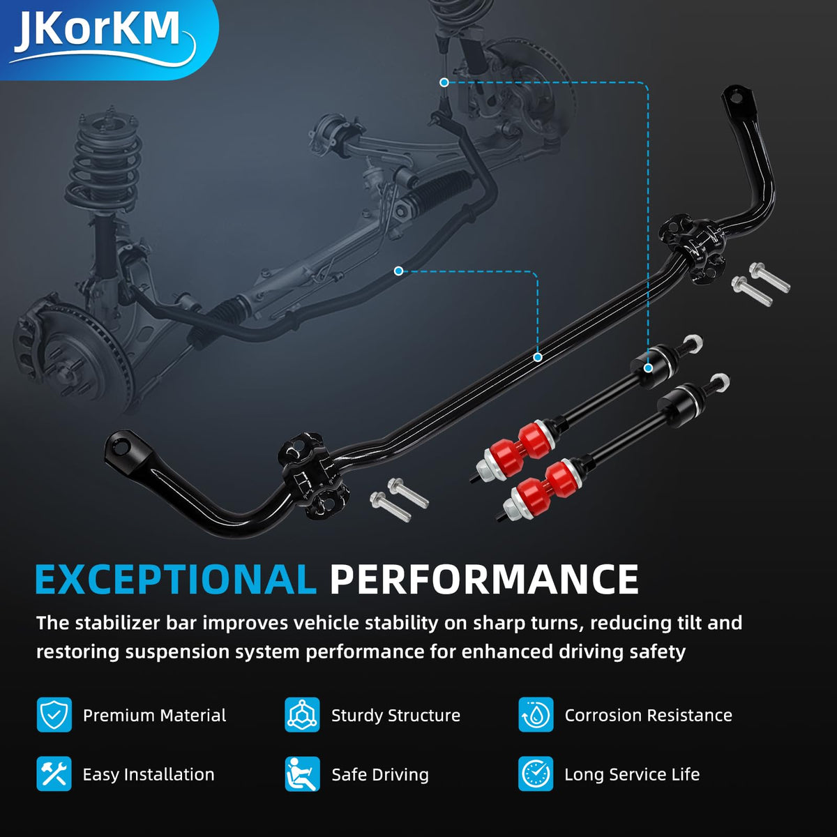 JkorkM stabilizer bar mounted on a Ram 1500 front subframe for correct fit