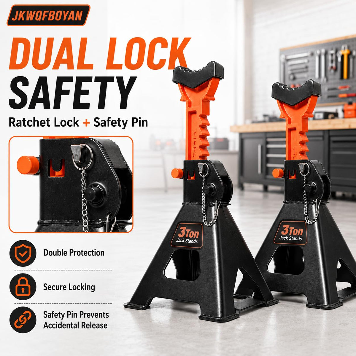 JKWQFBOYAN ratchet bar with metal safety pin showing double‑locking safety