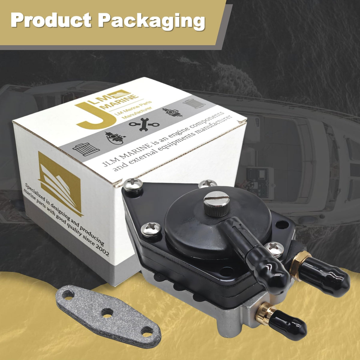 JLM MARINE product box with instructions to highlight included parts and simple setup