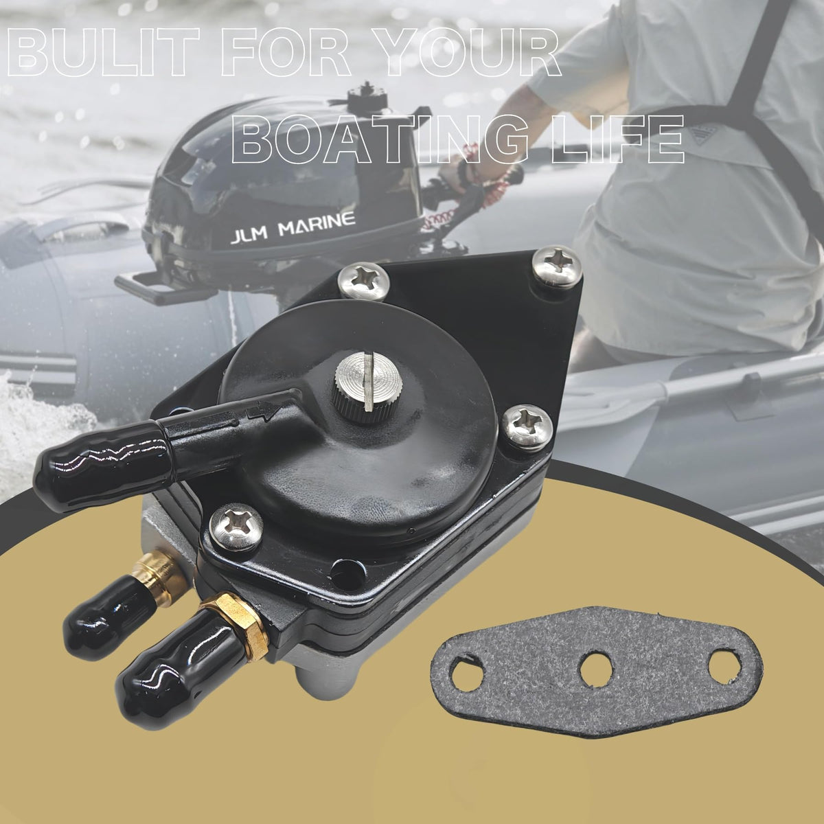 JLM MARINE pump next to a coin to show compact size and easy handling benefit