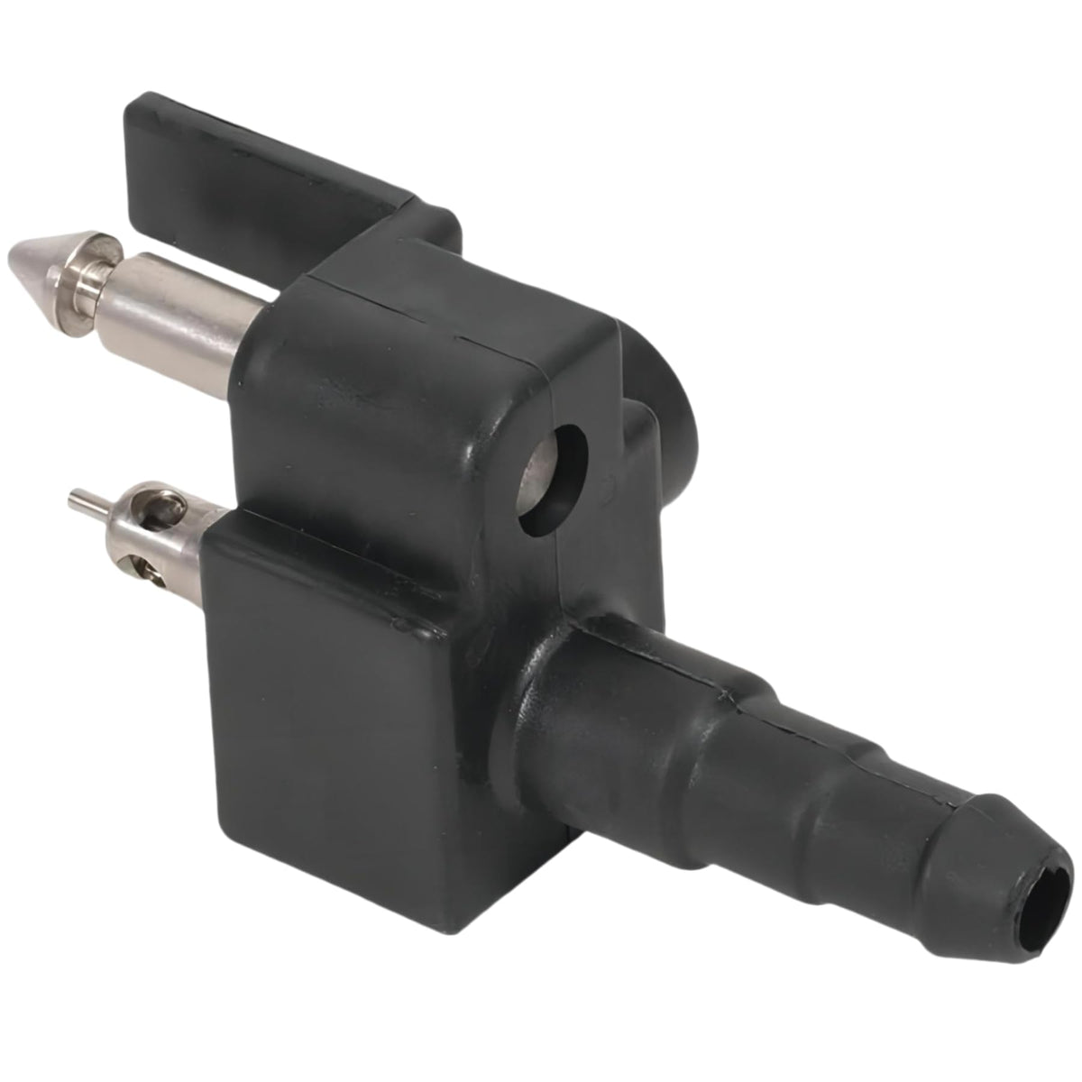 JLM MARINE connector installed on outboard demonstrating secure fuel hookup