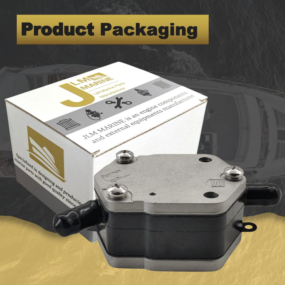 JLM MARINE product packaging with gasket and hardware included showing ready-to-install convenience