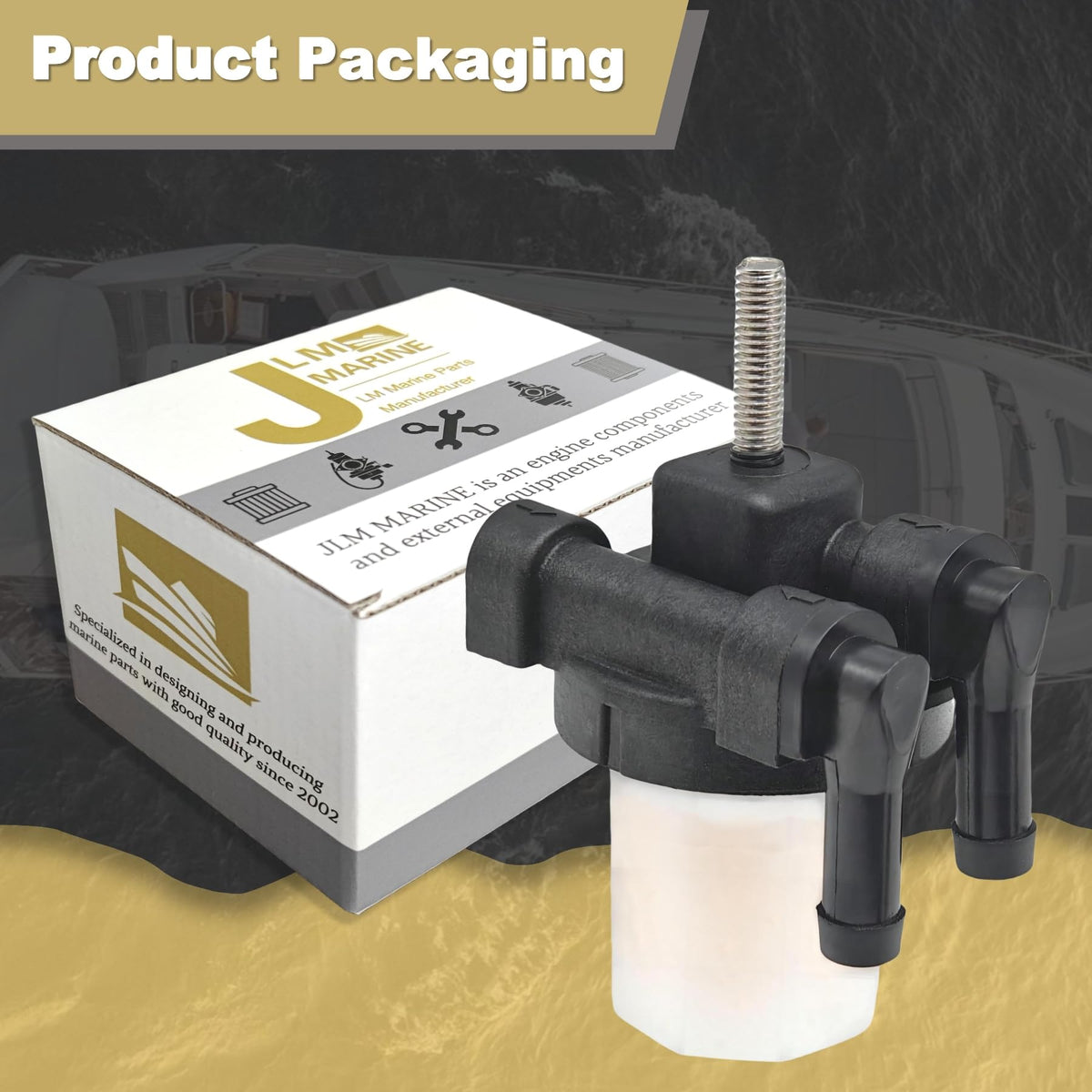 JLM MARINE label close-up with part number illustrating OEM equivalence and identification benefit