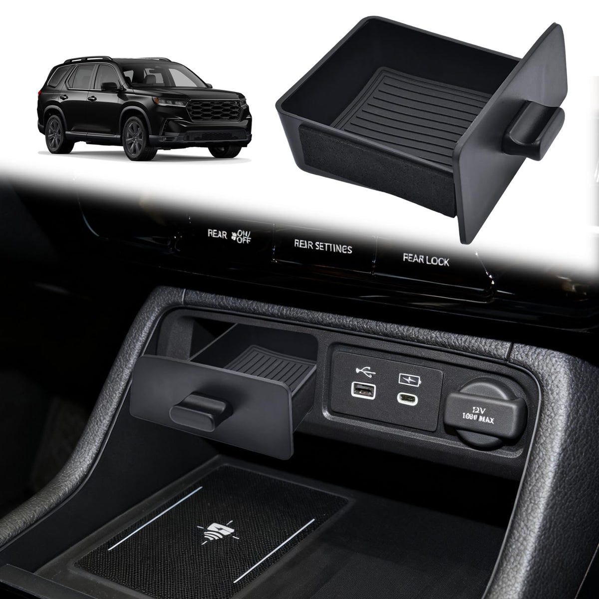 JLQP center console tray front view showing clean fit and added hidden storage benefit
