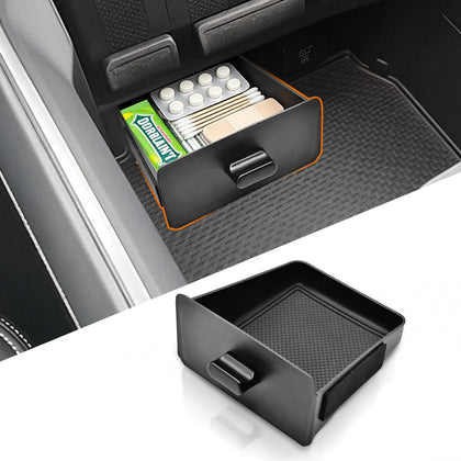 JLQP front view of console drawer showing neat storage benefit