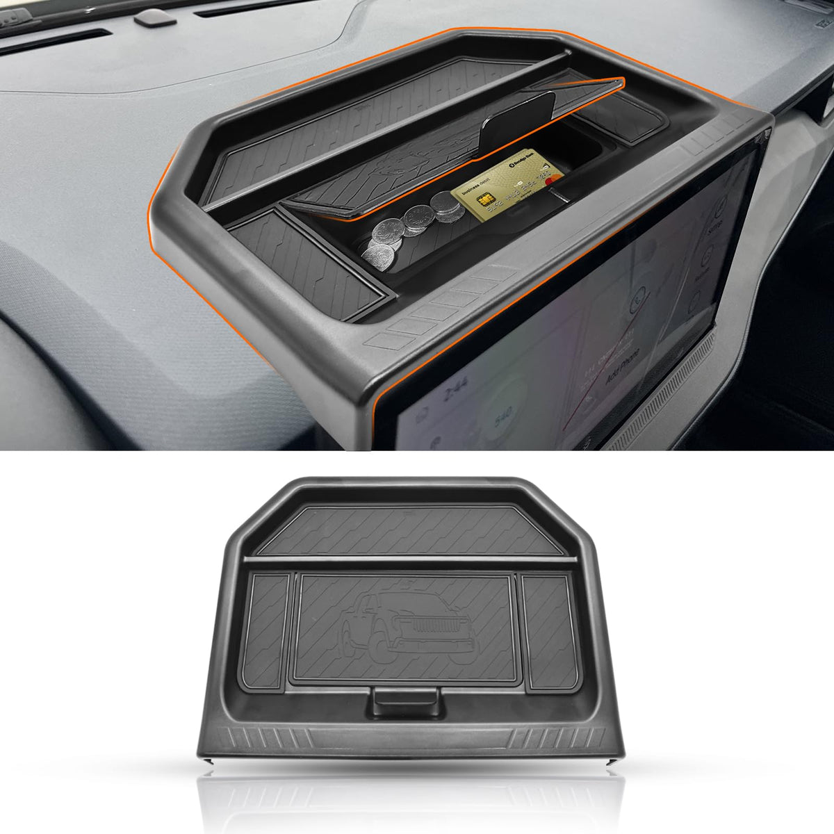JLQP front view of dashboard organizer showing clean fit and increased storage