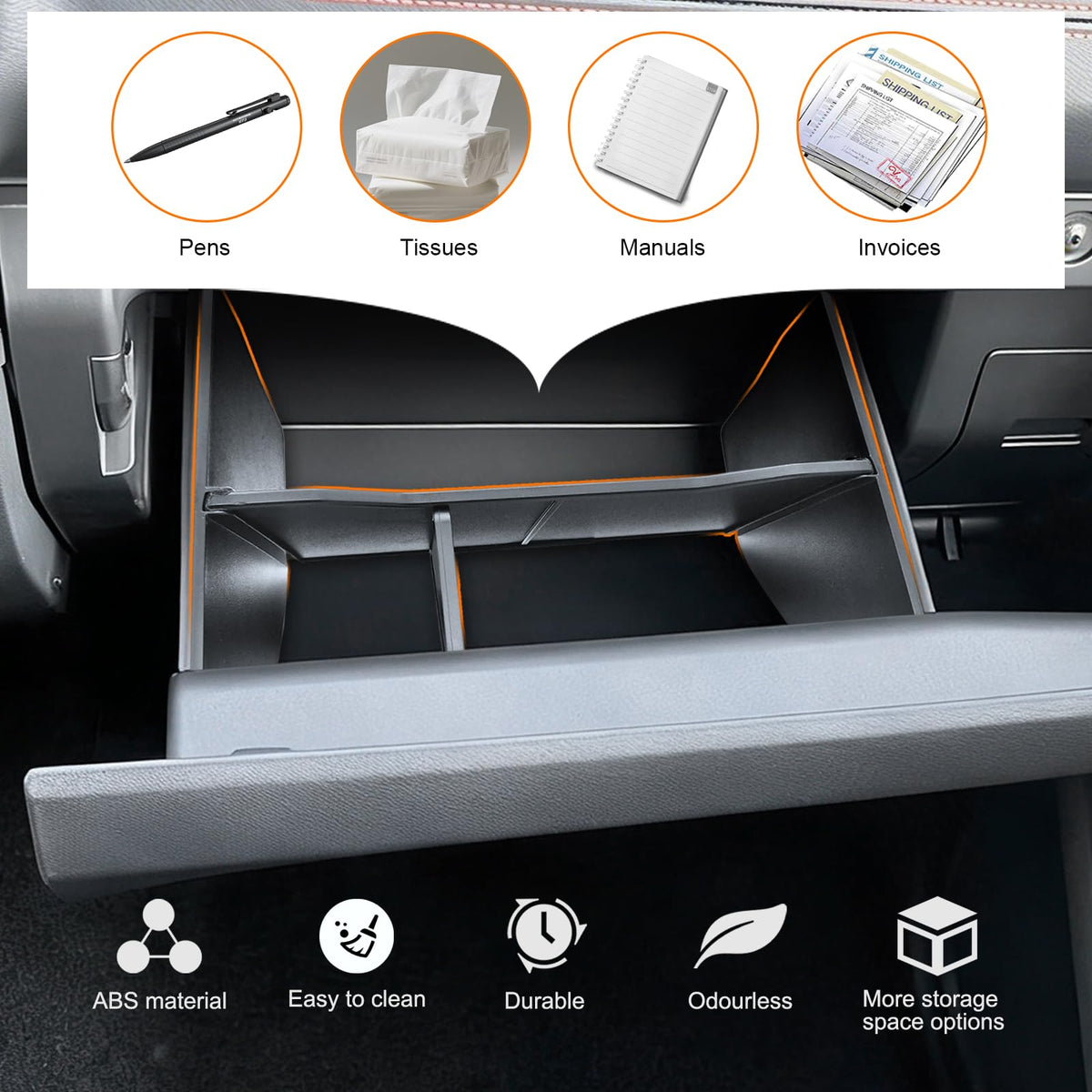 JLQP installed inside Nissan Frontier glove box, shows neat accessible storage