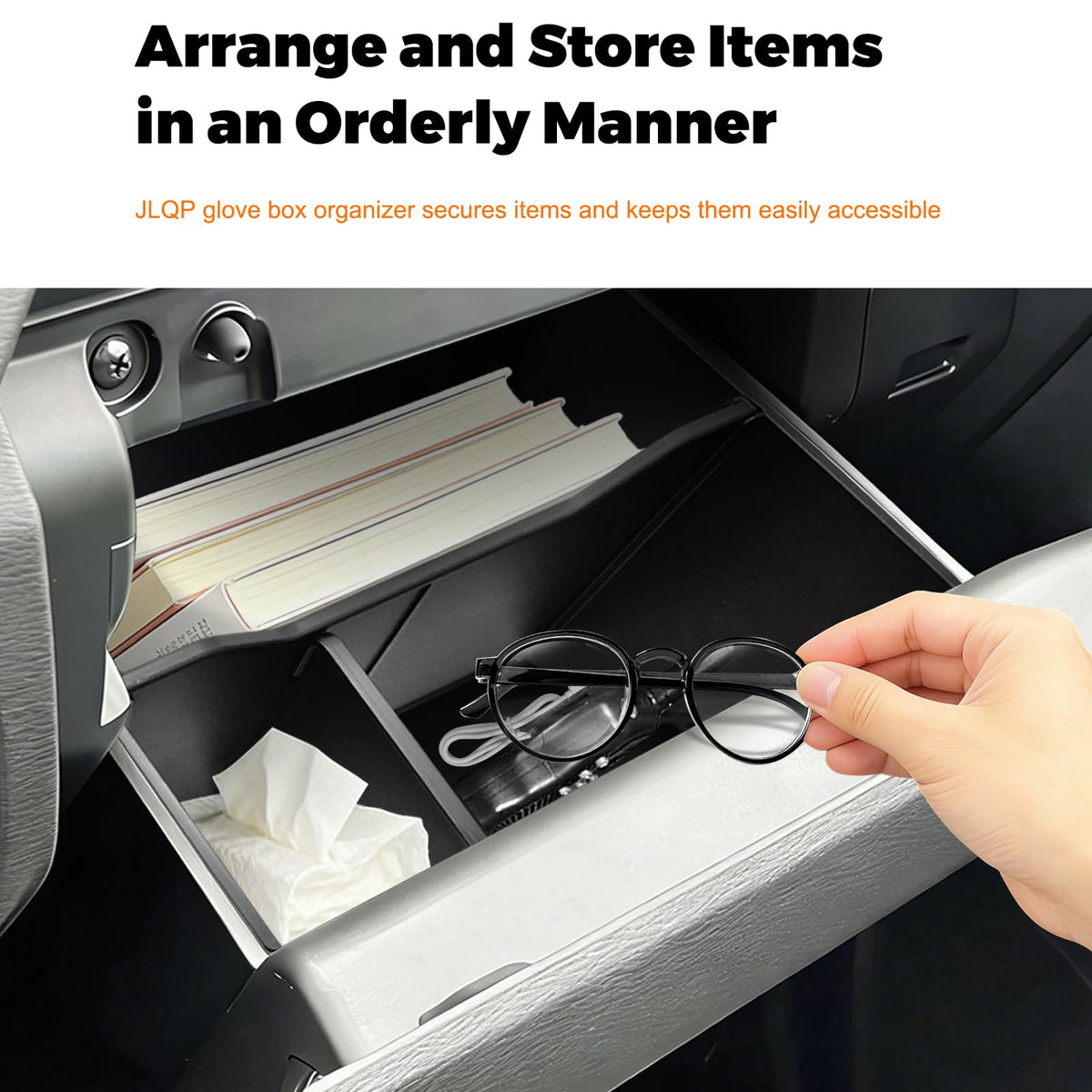 JLQP large compartment holding owner’s manual, fits manuals flat or upright