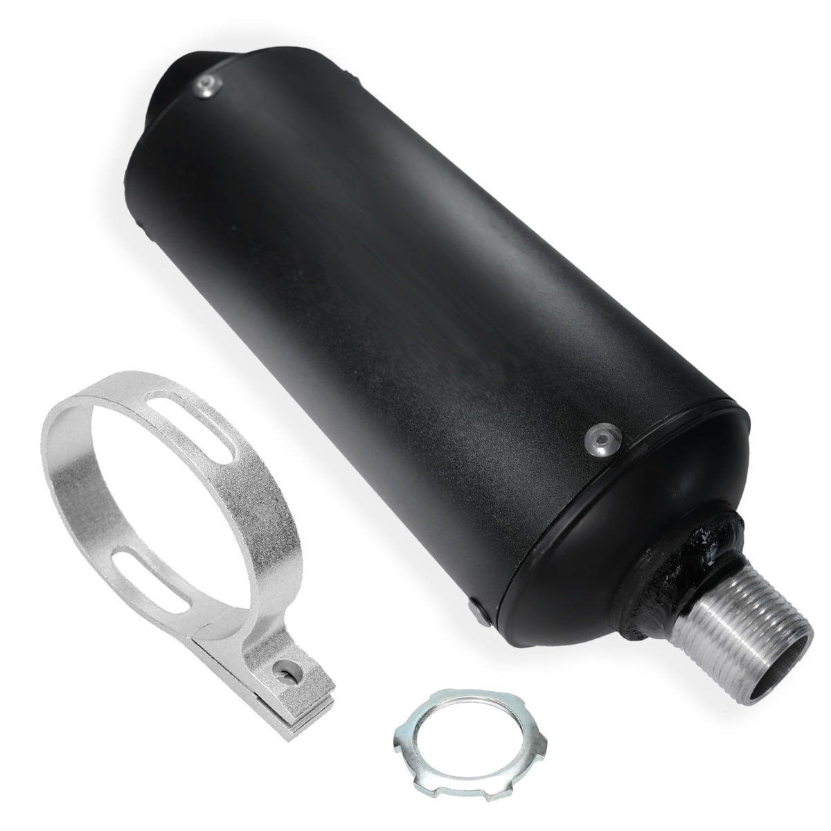JMCHstore muffler front profile showing compact design and visual durability benefit