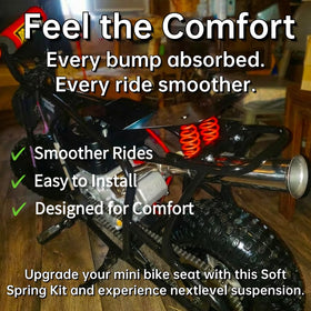 JMCHstore side view of installed sprung seat on mini bike showing improved comfort benefit