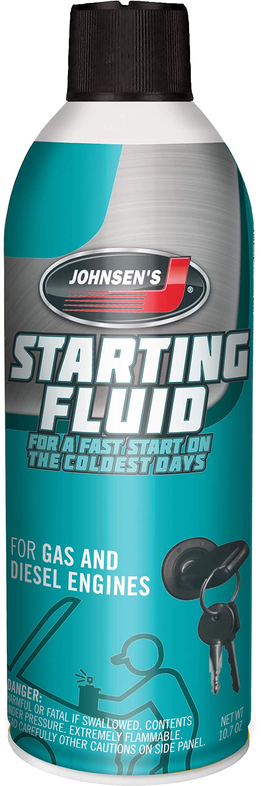 Johnsen's starting fluid front view can showing label and quick-start benefit