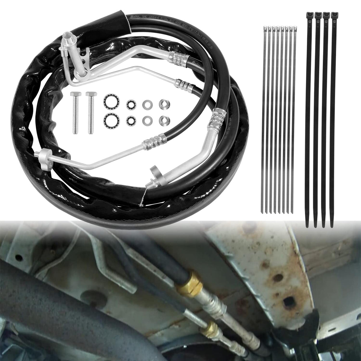 johntruck front packaging showing full rear AC hose kit and clear contents