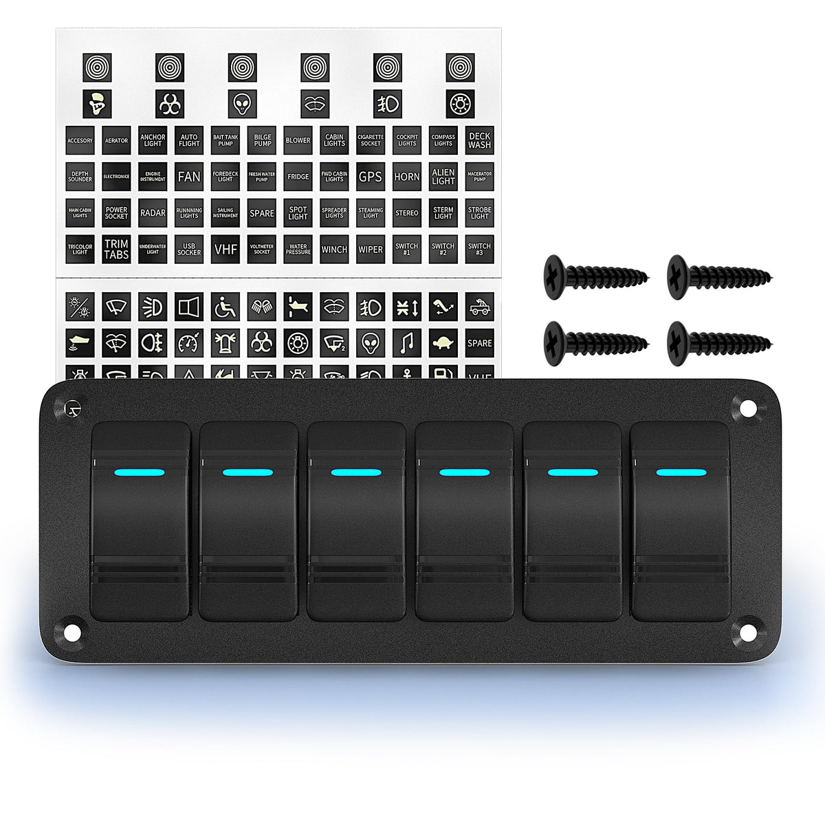 Joinfworld front panel view showing six rockers and blue LEDs for organized control