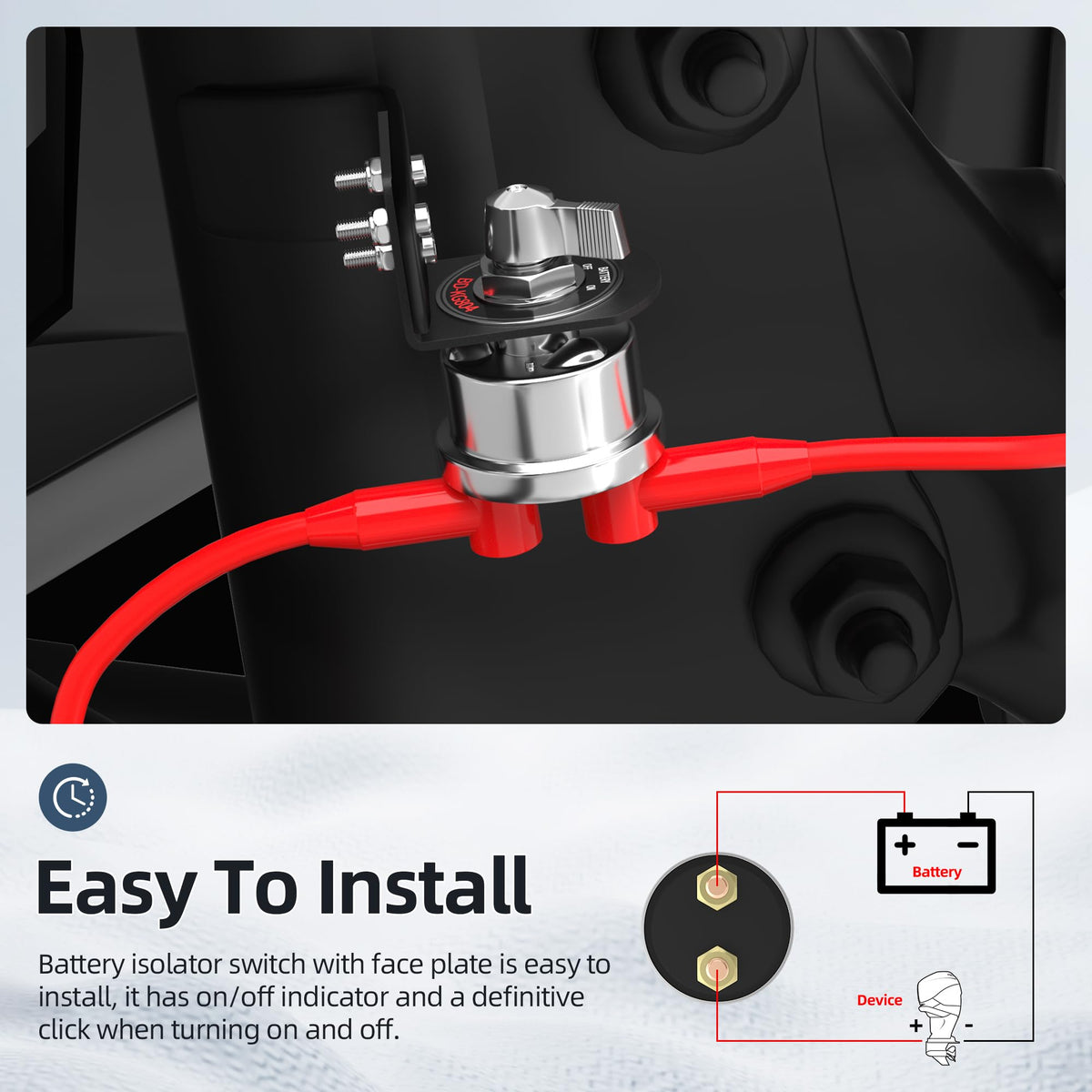 Joinfworld installed on a boat battery demonstrating protected power isolation for marine use