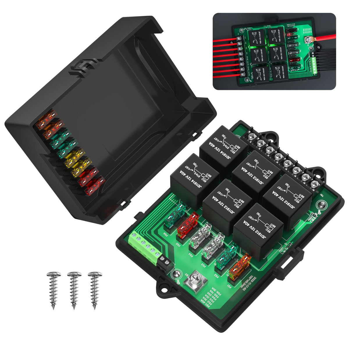 Joinfworld relay box front view showing compact assembled layout and easy mounting