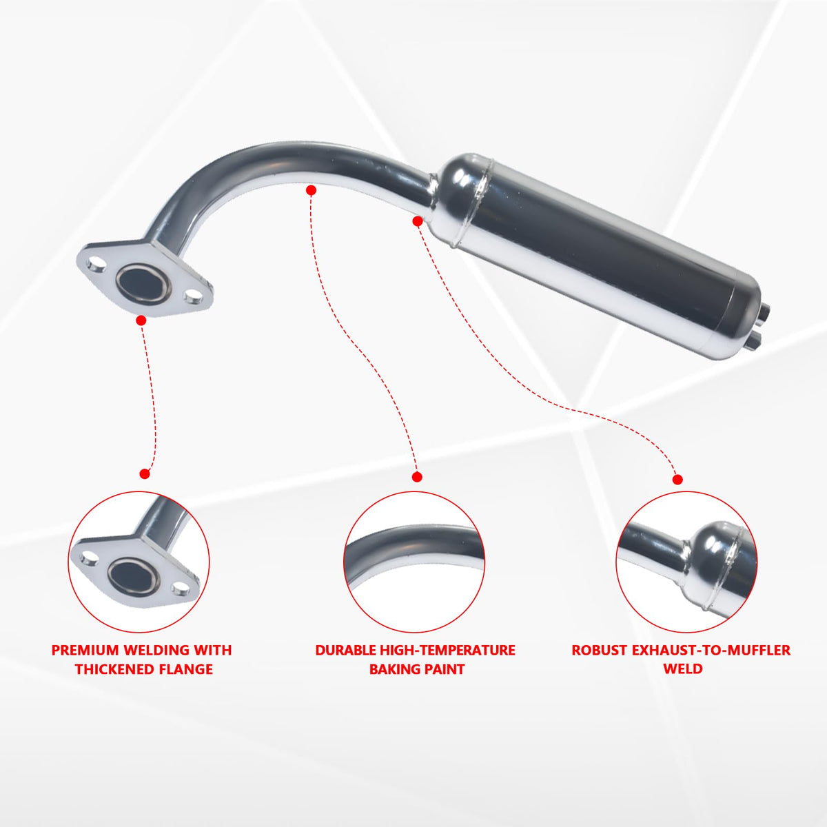 JOIQEXJ muffler close-up highlighting welded joints for increased durability