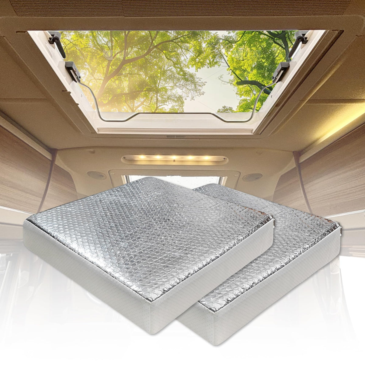 Jokuye front view of two packaged skylight insulators showing fit