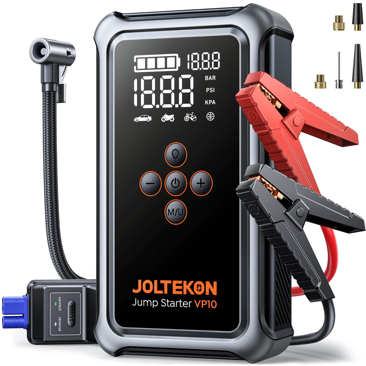 Joltekon front view showing compact jump starter and controls, reliable roadside readiness