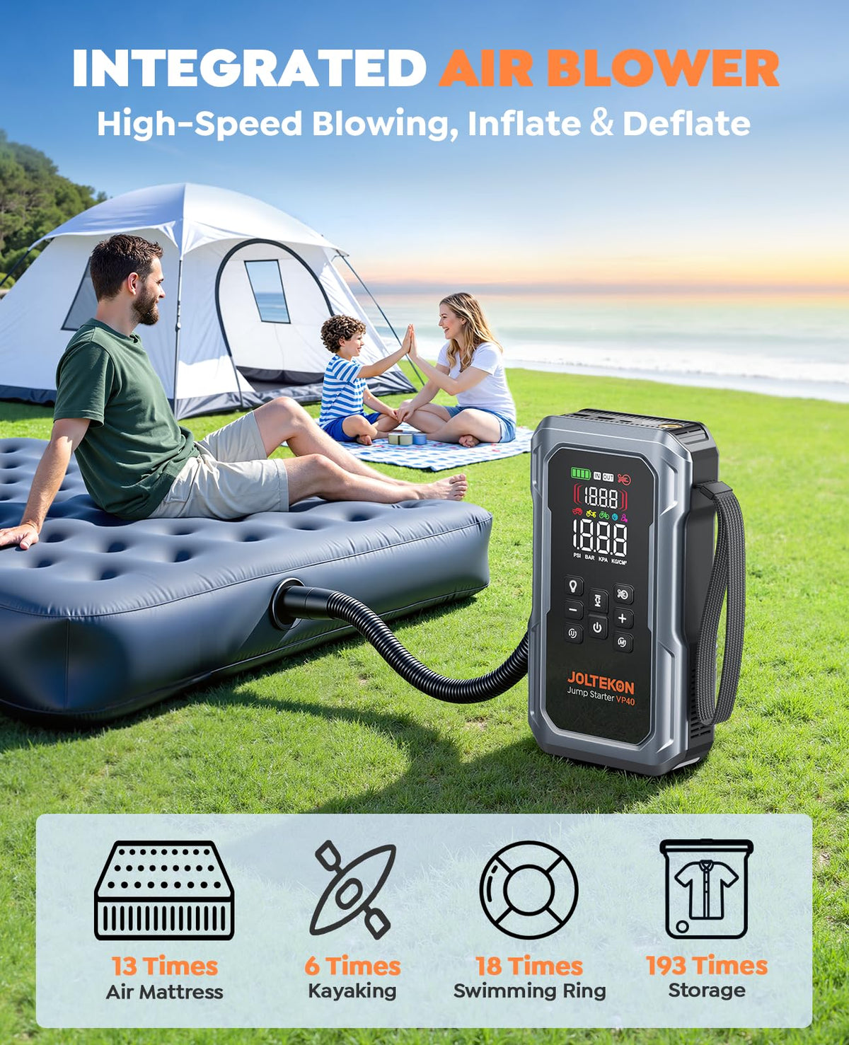 Joltekon inflator with nozzles demonstrating fast inflation versatility