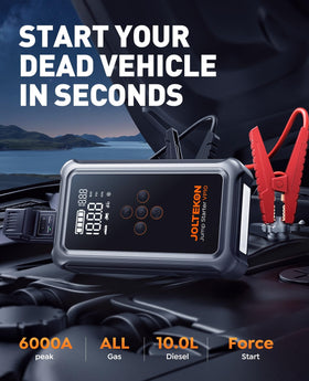 Joltekon heavy-duty jumper cables and clamps close-up, safe spark-proof connection benefit