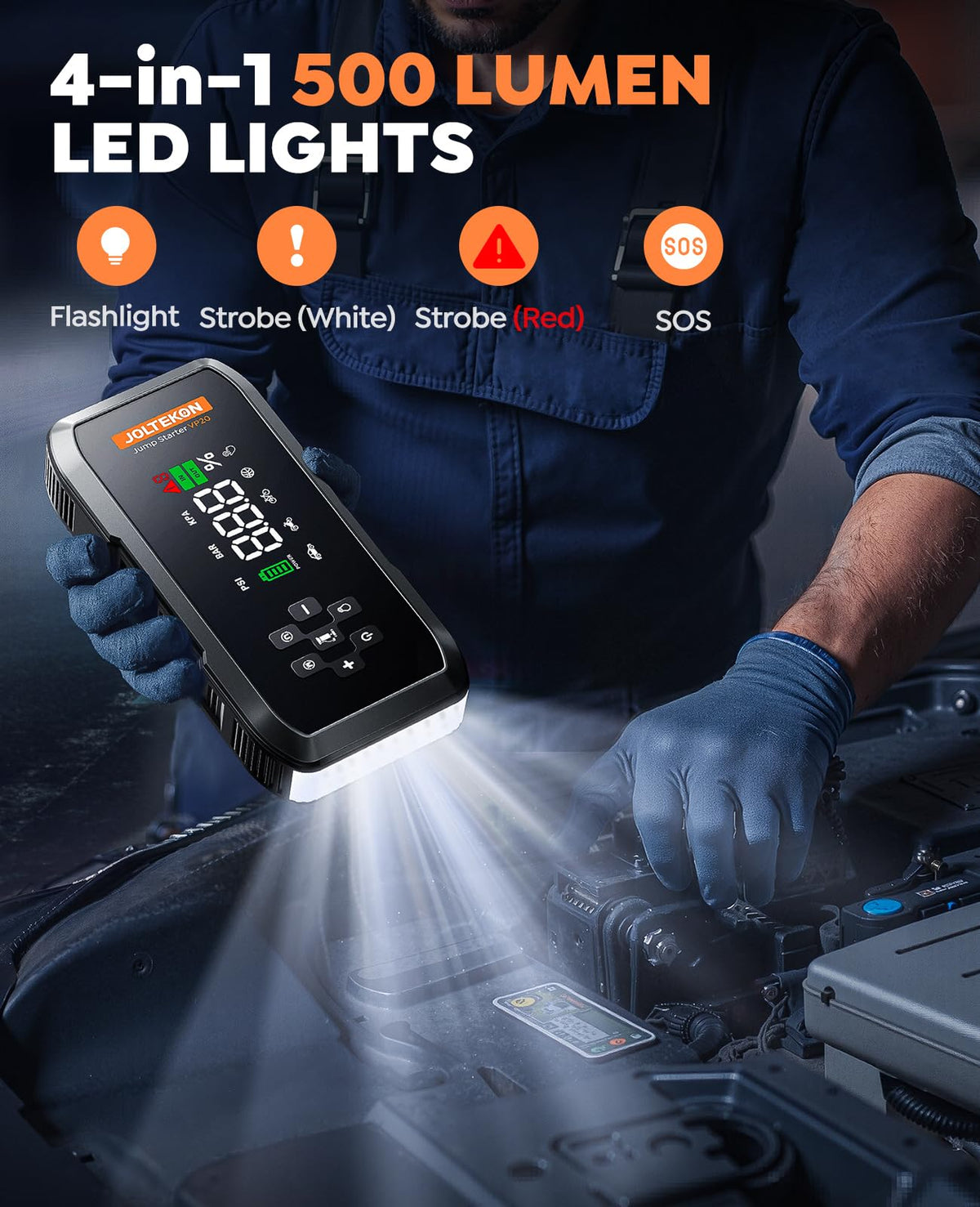 Joltekon VP20 500-lumen LED emergency light illuminating roadside for visibility