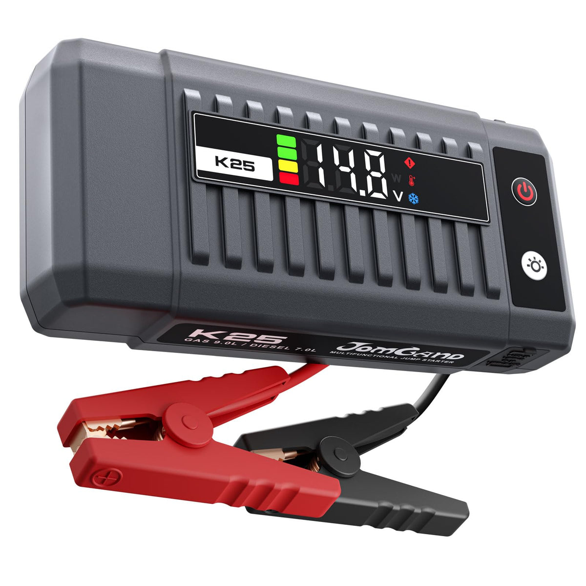 Jomgand K25 front view showing compact rugged housing and quick-start capability
