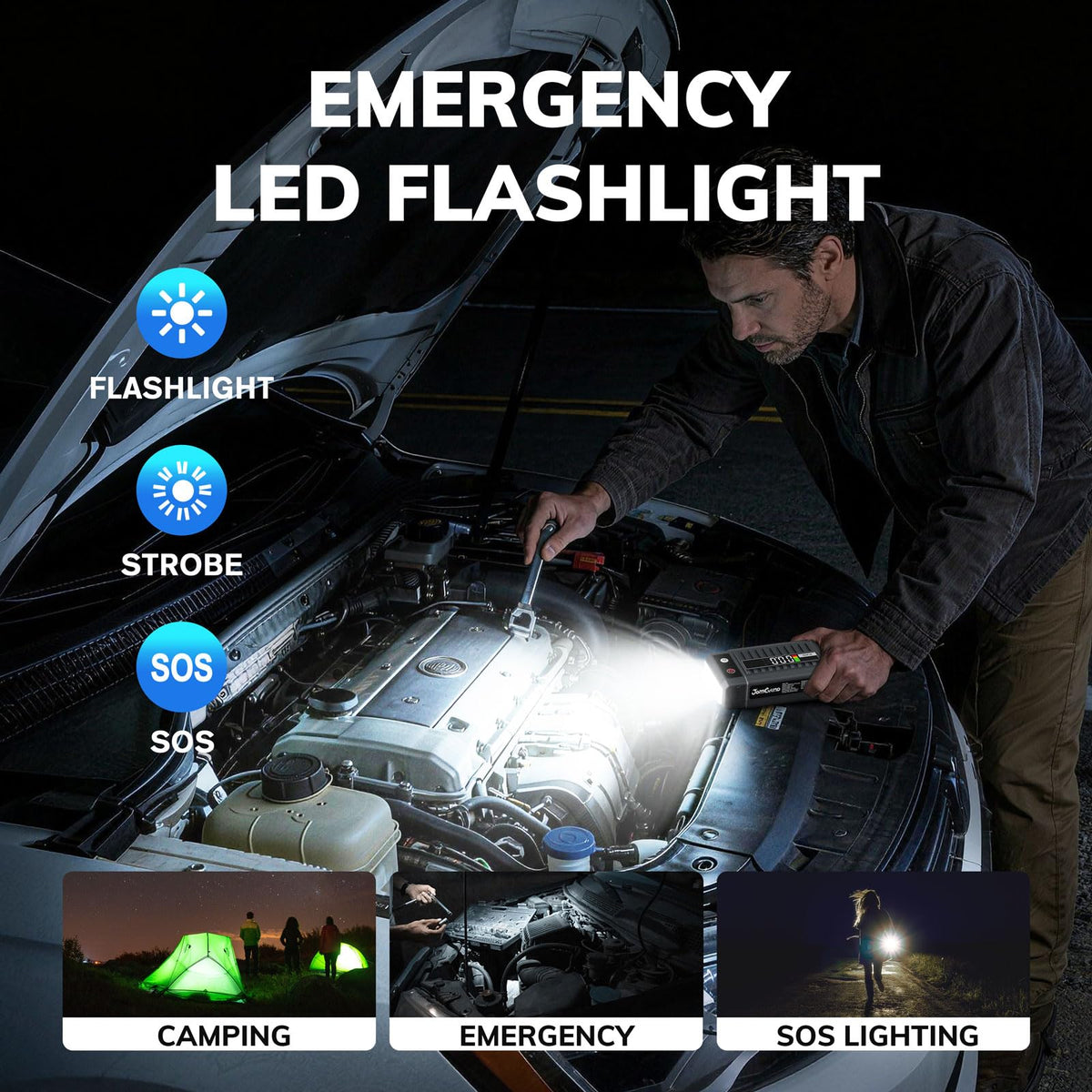 Jomgand LED flashlight modes showing SOS and strobe for roadside signaling benefit