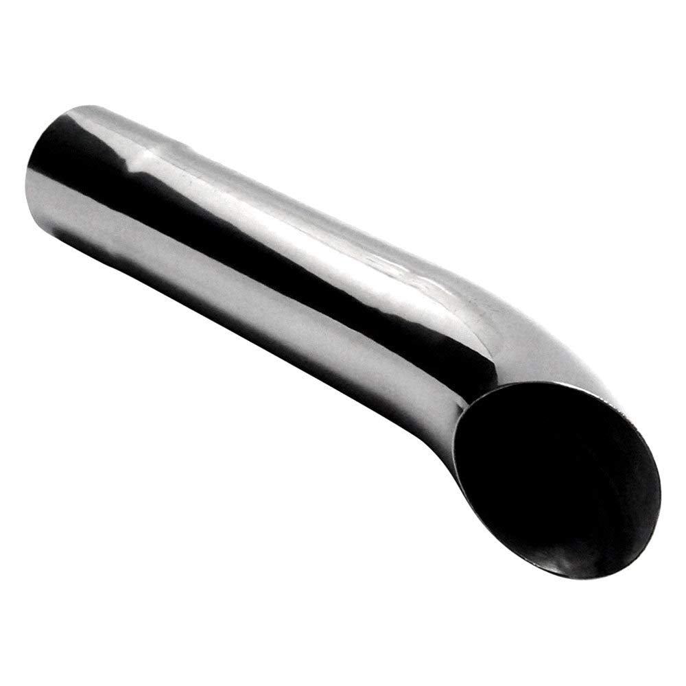 Jones Exhaust JTD112 front profile showing polished chrome finish and turn-down outlet, enhancing appearance