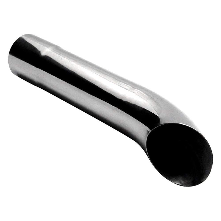 Jones Exhaust JTD112 front profile showing polished chrome finish and turn-down outlet, enhancing appearance
