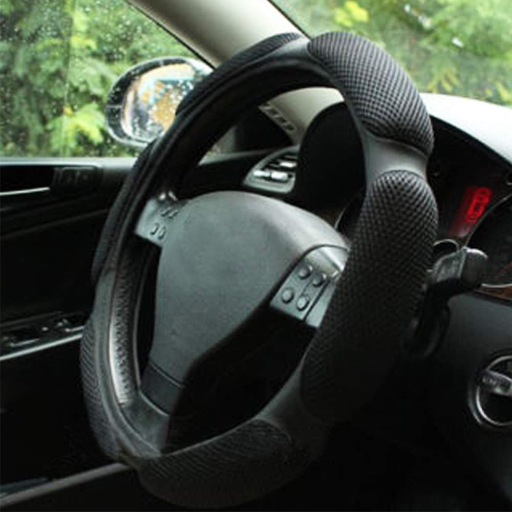 Jonscart front view of black steering wheel cover shows fitted look and cooler hands