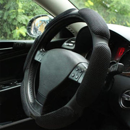 Jonscart front view of black steering wheel cover shows fitted look and cooler hands