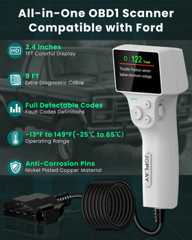 JOPLAY OBD1 plugged into a classic Ford dash with user reading codes comfortably